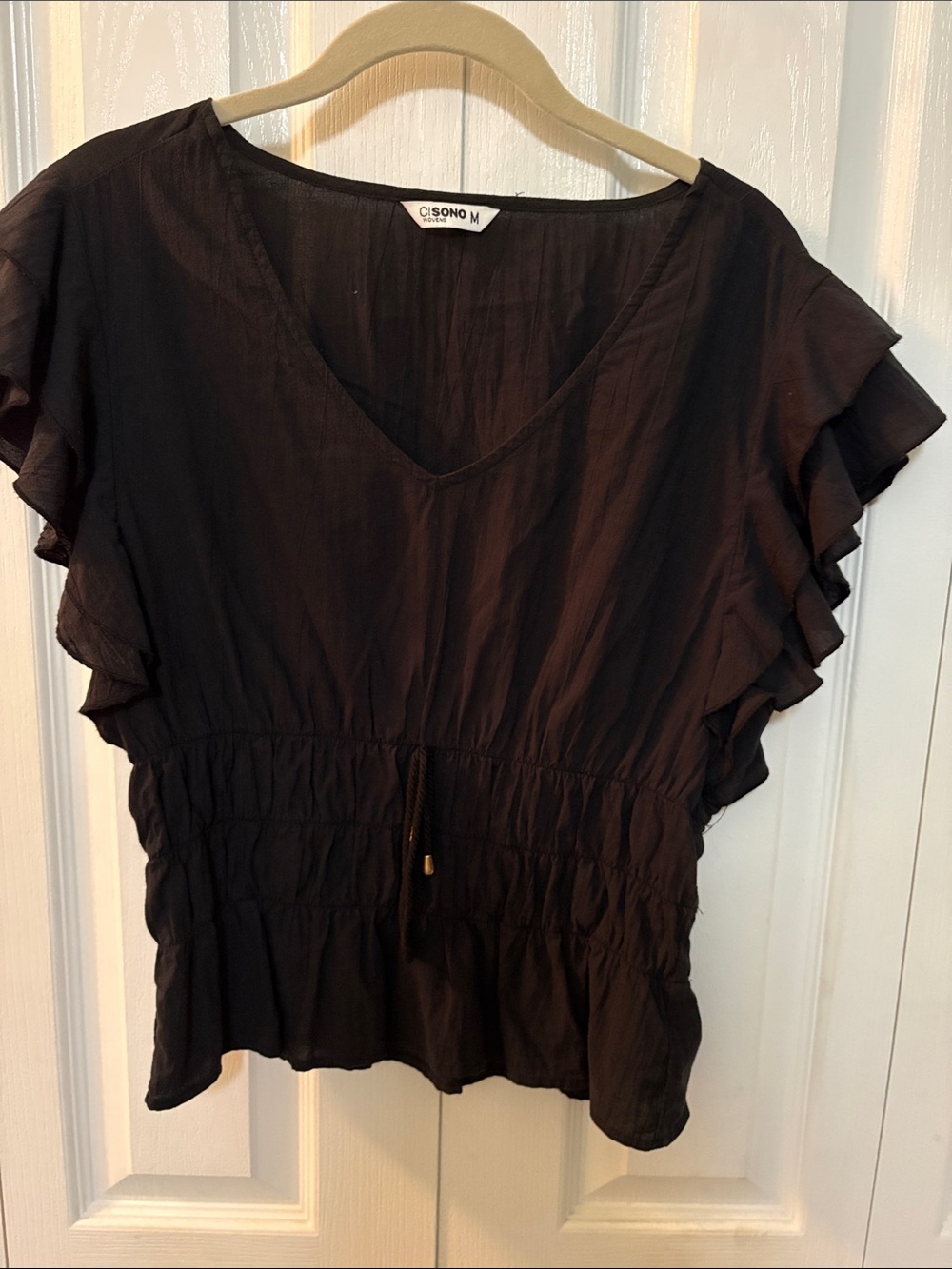 Ciso Black V-Neck Blouse with Ruffled Short Sleeves